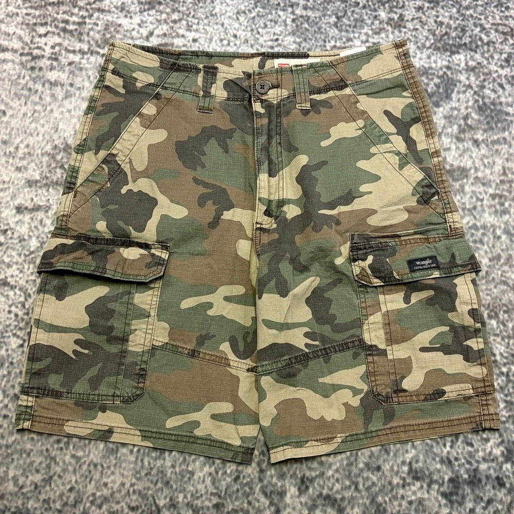 Wrangler Camo Cargo Shorts Size 32 Green Brown Relaxed Fit Baggy Utility Y2K